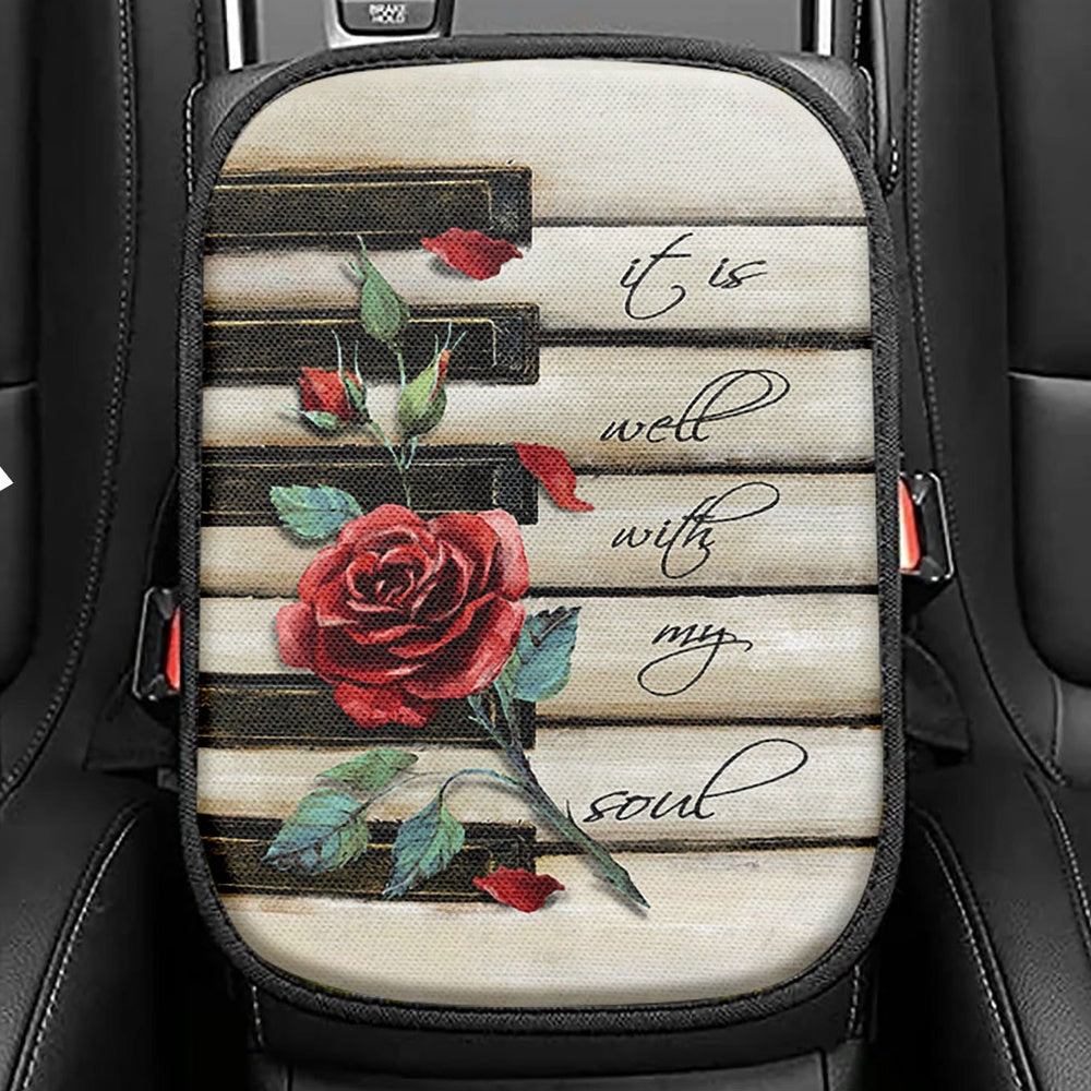 It Is Well With My Soul Seat Box Cover, Brilliant Butterfly Antique Music Sheet Car Center Console Cover, Bible Verse Car Interior Accessories