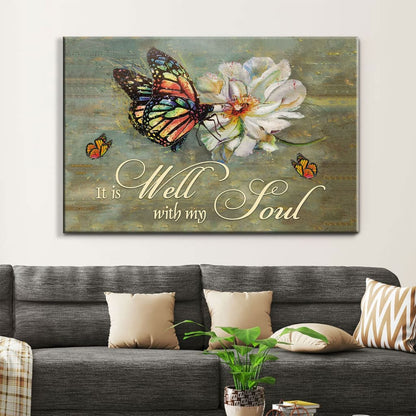 It Is Well With My Soul Wall Art Canvas, Butterfly Flowers Christian Wall Art Canvas - Religious Wall Decor