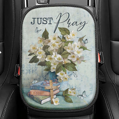 Jasmine Book Wooden Cross Just Pray Seat Box Cover, Christian Car Center Console Cover, Bible Verse Car Interior Accessories