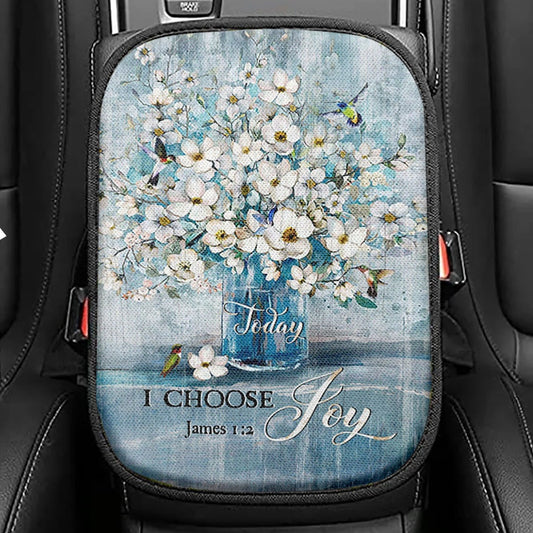 Jasmine Flower Blue Vase Hummingbird Today I Choose Joy Seat Box Cover Seat Box Cover, Christian Car Center Console Cover, Bible Car Armrest Cover