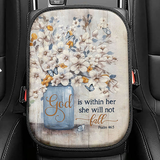 Jasmine Flower God Is Within Her Seat Box Cover, Bible Verse Car Center Console Cover, Christian Inspirational Car Interior Accessories