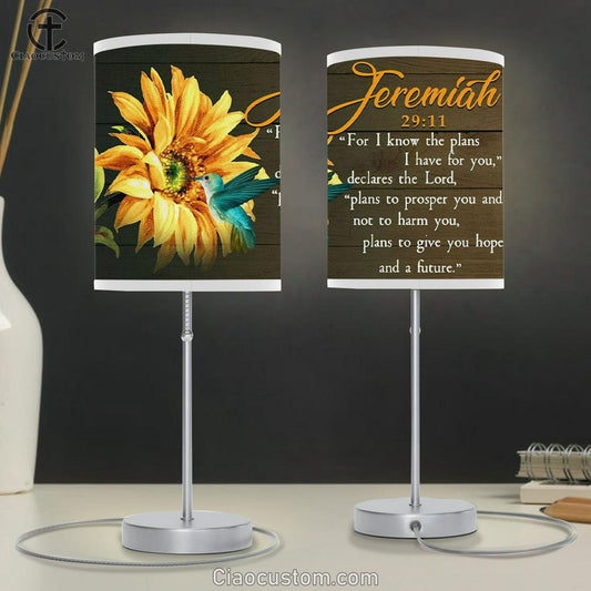 Jeremiah 2911 Lamp Art For I Know The Plans I Have For You Hummingbird Sunflower Table Lamp Print - Christian Room Decor