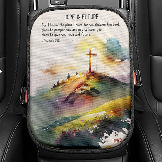 Jeremiah 911 Hope & Future Personalized Seat Box Cover, Christian Car Center Console Cover, Bible Verse Gift For Women Of God