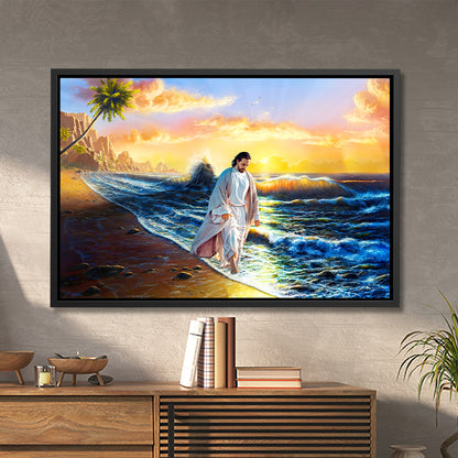 Jesus Walks On The Beach - Framed Canvas - Wall Art - Jesus Canvas - Christian Gift - Ciaocustom