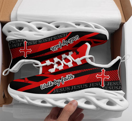 Jesus - Walk By Faith Yezy Running Sneakers Red Max Soul Shoes - Christian Shoes For Men And Women