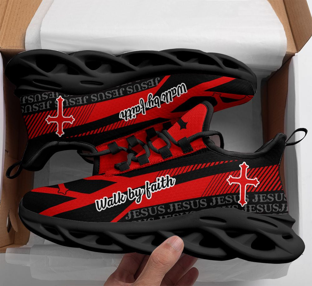 Jesus - Walk By Faith Yezy Running Sneakers Red Max Soul Shoes - Christian Shoes For Men And Women