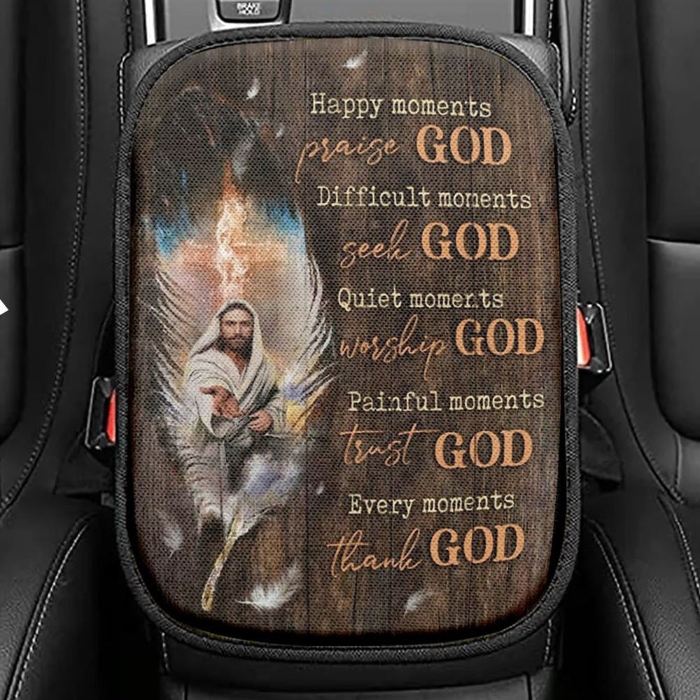 Jesus Amazing Feathers Every Moments Thank God Car Center Console Cover, Christian Armrest Seat Cover, Bible Seat Box Cover