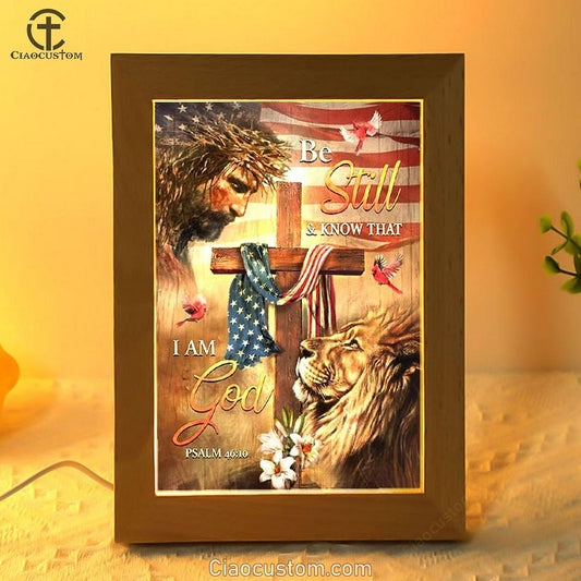 Jesus, Amazing Lion, Wooden Cross, American Flag, Be Still And Know That I Am God Frame Lamp