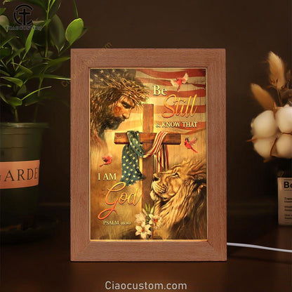 Jesus, Amazing Lion, Wooden Cross, American Flag, Be Still And Know That I Am God Frame Lamp