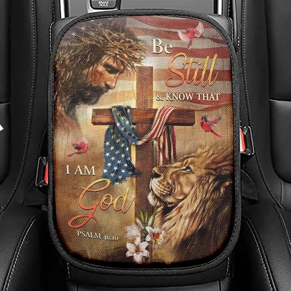 Jesus, Amazing Lion, Wooden Cross, Be Still And Know That I Am God Car Center Console Cover, Christian Armrest Seat Cover, Bible Seat Box Cover