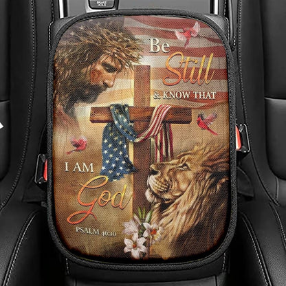 Jesus, Amazing Lion, Wooden Cross, Be Still And Know That I Am God Car Center Console Cover, Christian Armrest Seat Cover, Bible Seat Box Cover