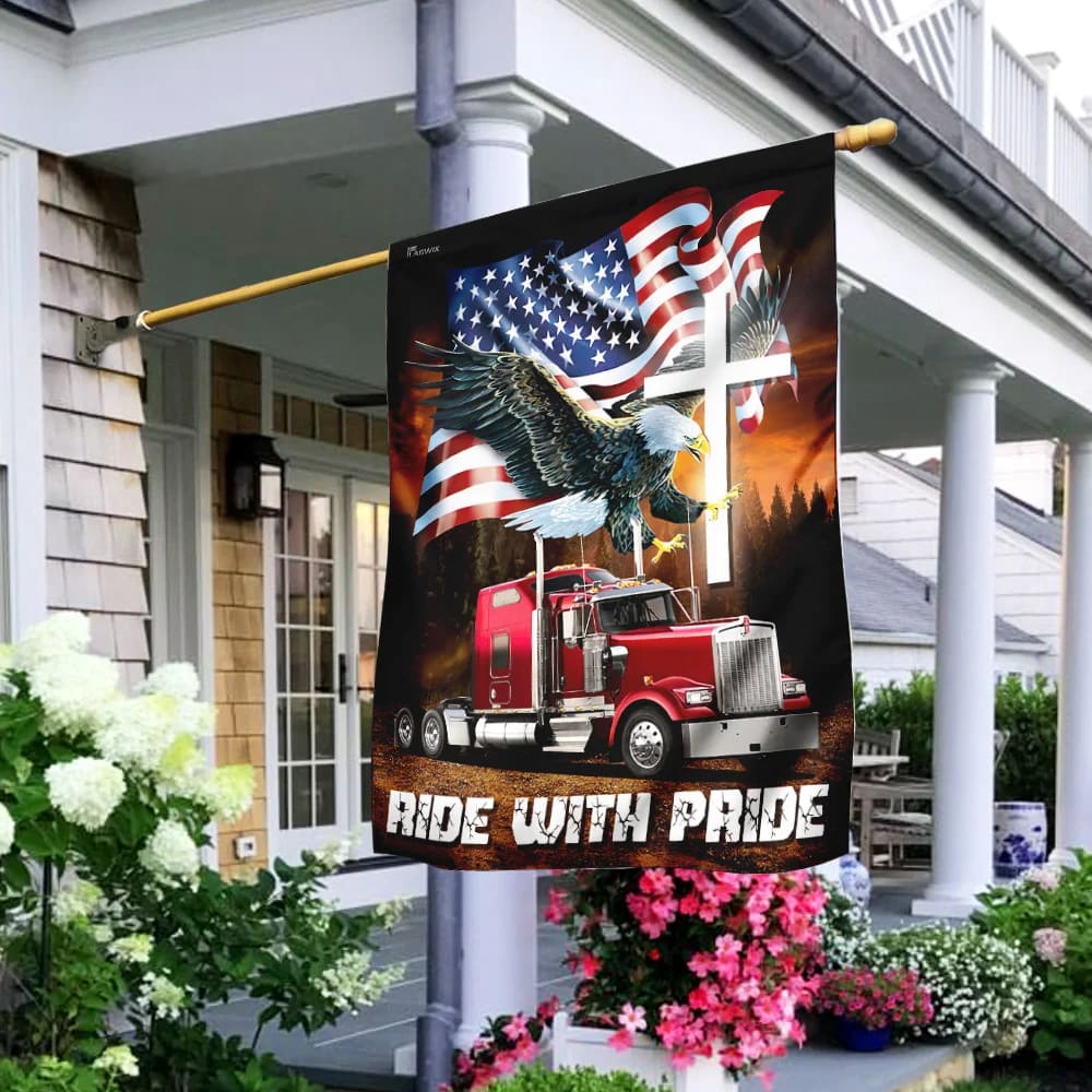 Jesus American Eagle Trucker Ride With Pride House Flags - Christian Garden Flags - Outdoor Christian Flag