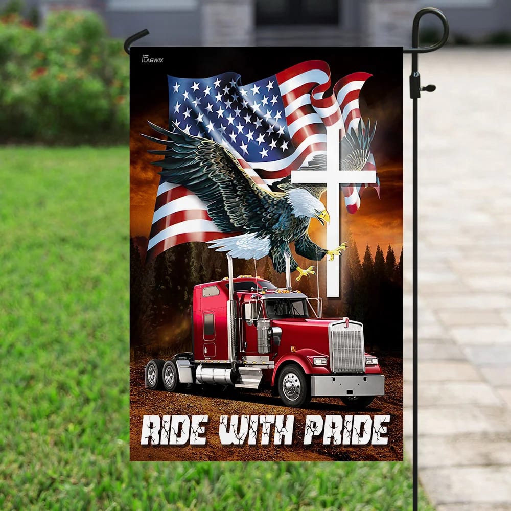 Jesus American Eagle Trucker Ride With Pride House Flags - Christian Garden Flags - Outdoor Christian Flag