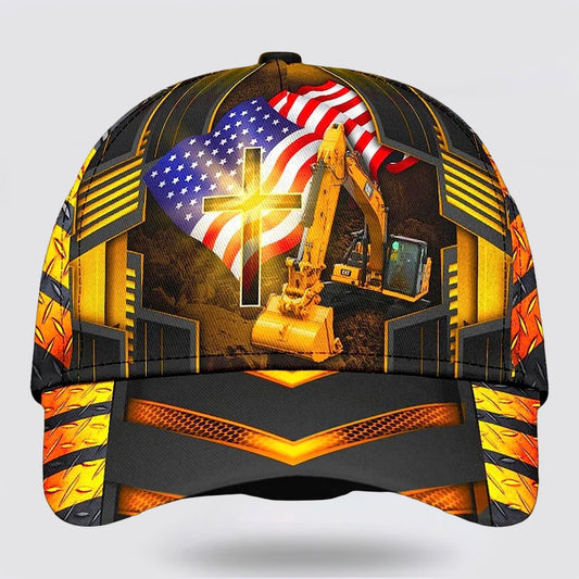 Jesus American Flag Excavator Baseball Cap - Christian Hats for Men and Women