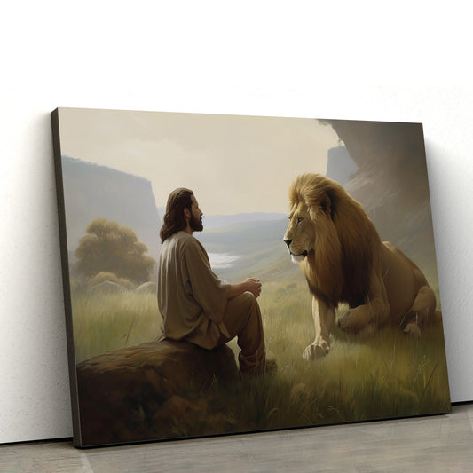 Jesus And A Lion Seated - Canvas Picture - Jesus Christ Canvas - Christian Wall Art