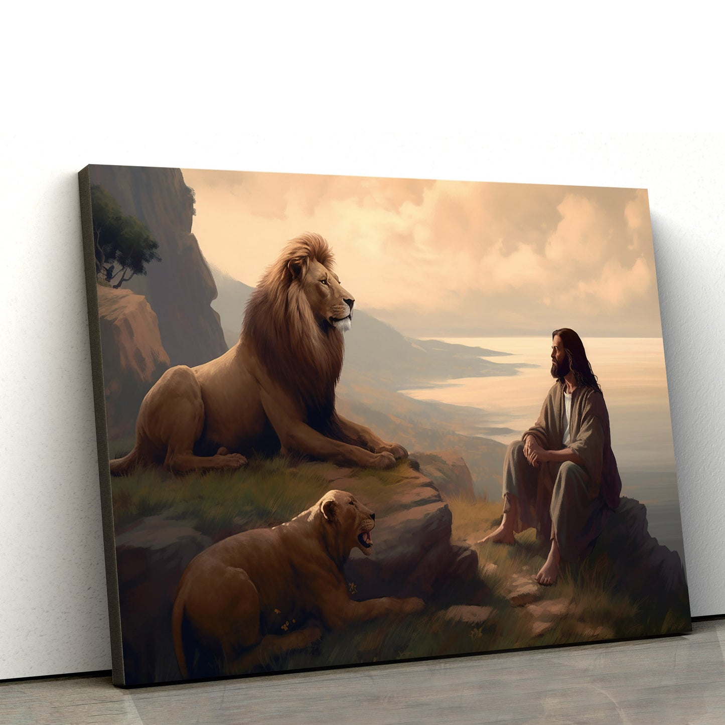 Jesus And A Lion Seated 1 - Canvas Picture - Jesus Christ Canvas - Christian Wall Art