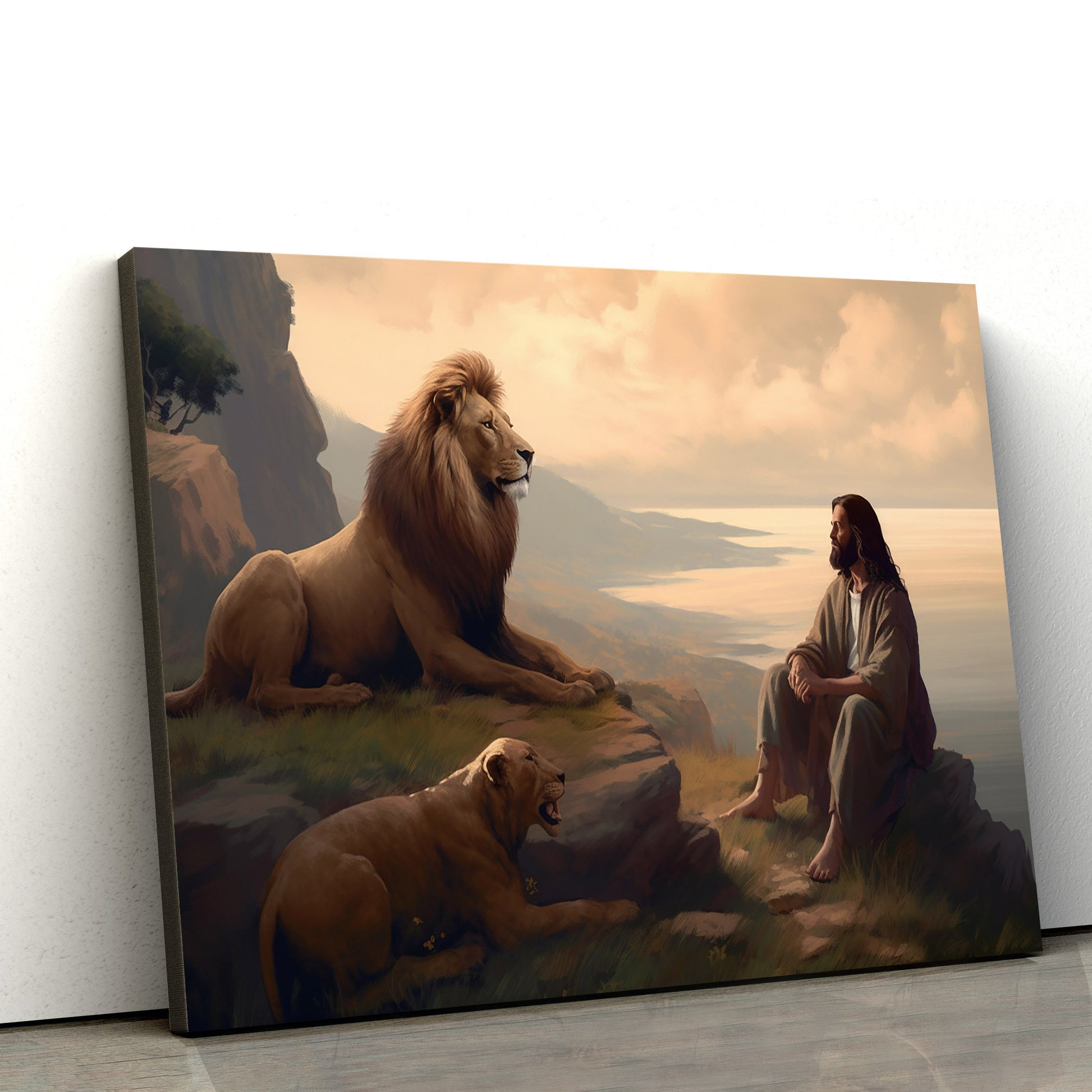 Jesus And A Lion Seated 1 - Canvas Picture - Jesus Christ Canvas - Christian Wall Art
