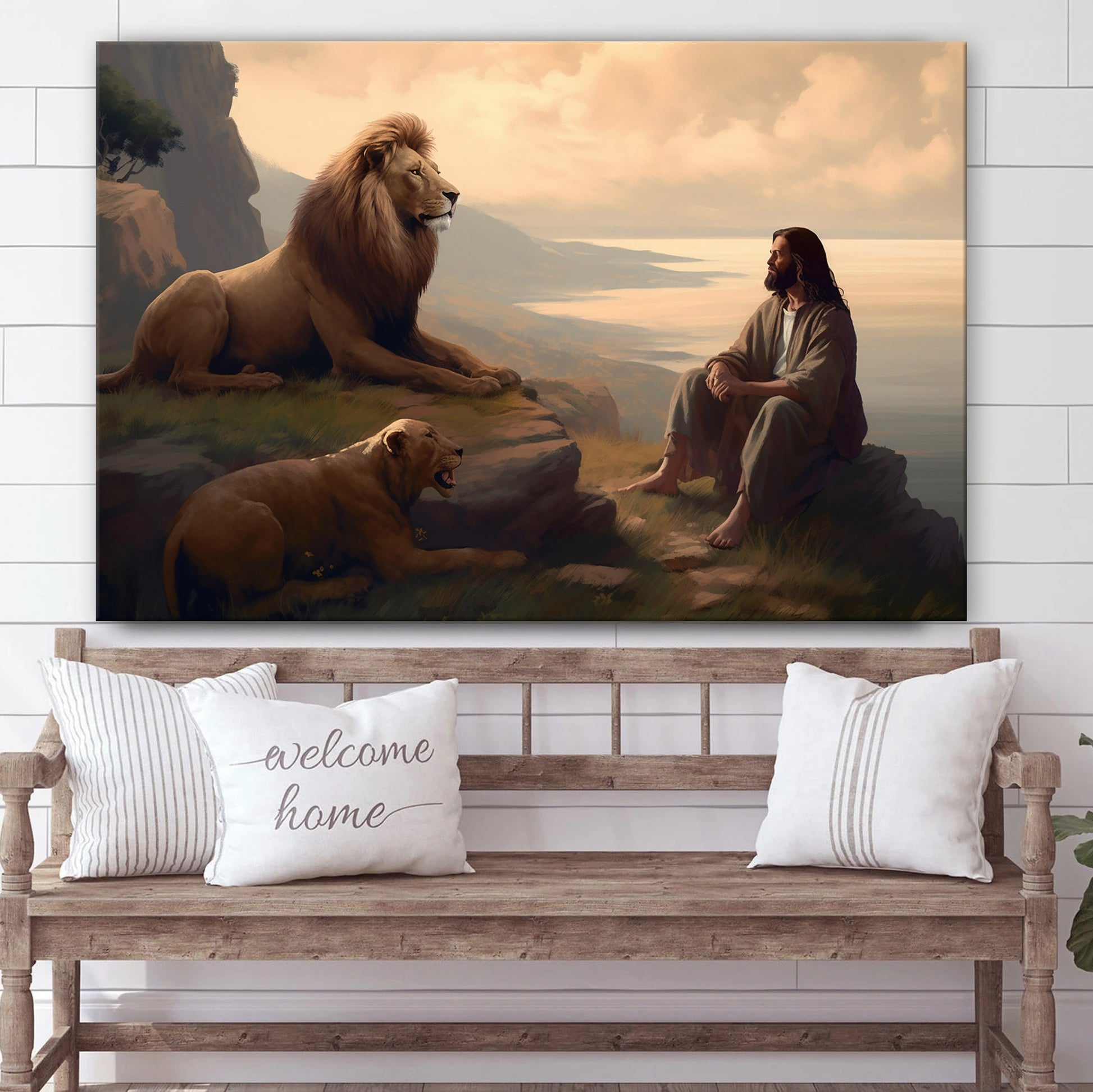 Jesus And A Lion Seated 1 - Canvas Picture - Jesus Christ Canvas - Christian Wall Art