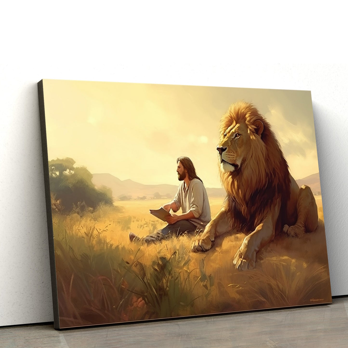 Jesus And A Lion Seated 2 - Canvas Picture - Jesus Christ Canvas - Christian Wall Art