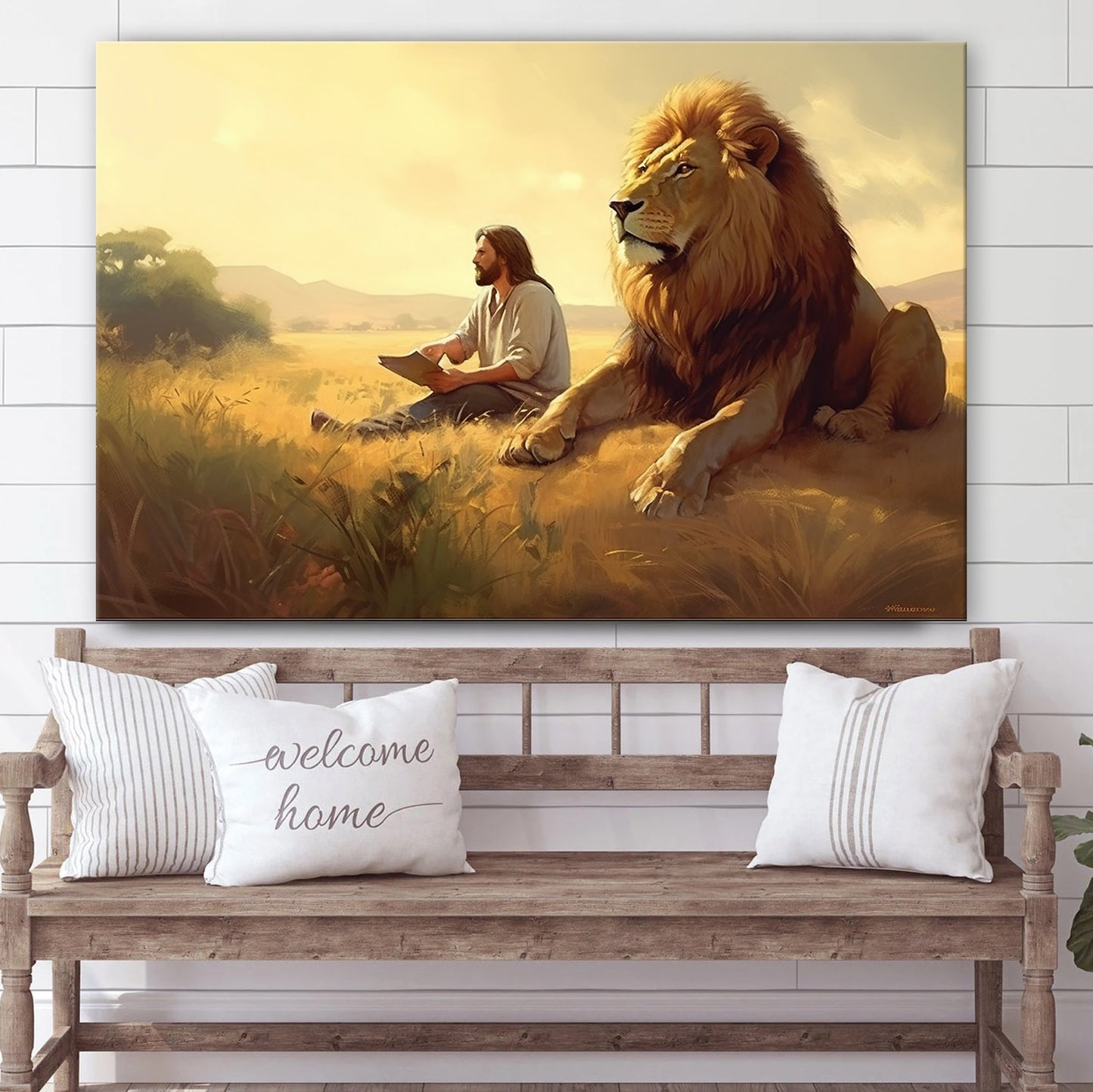 Jesus And A Lion Seated 2 - Canvas Picture - Jesus Christ Canvas - Christian Wall Art