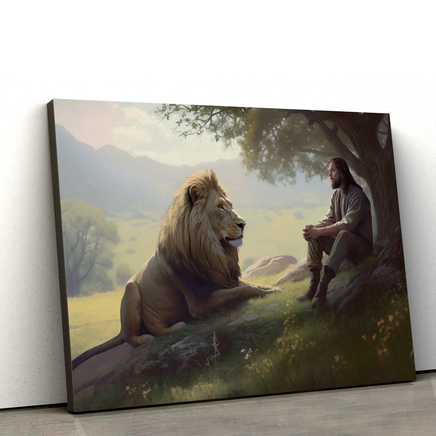 Jesus And A Lion Seated 3 - Canvas Picture - Jesus Christ Canvas - Christian Wall Art