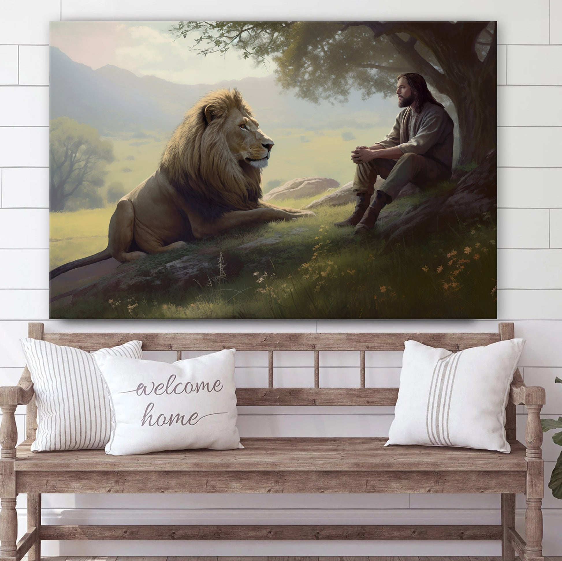 Jesus And A Lion Seated 3 - Canvas Picture - Jesus Christ Canvas - Christian Wall Art