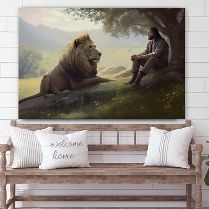 Jesus And A Lion Seated 3 - Canvas Picture - Jesus Christ Canvas - Christian Wall Art