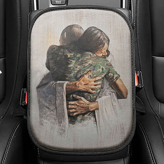 Jesus And American Soldiers Seat Box Cover, Jesus Car Center Console Cover, Christian Car Interior Accessories