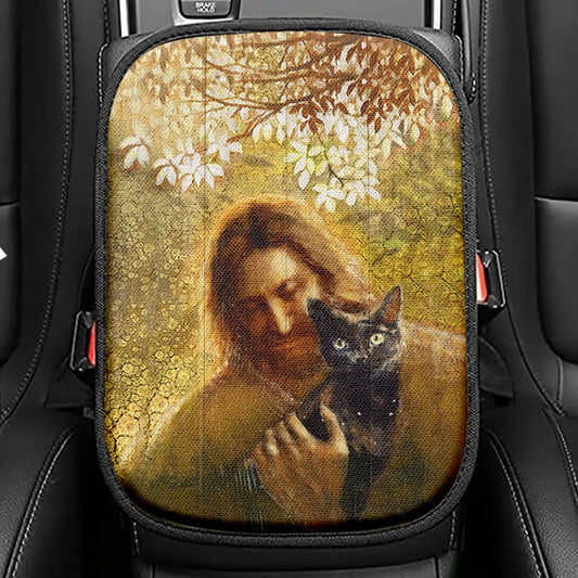 Jesus And Black Cat Seat Box Cover, Bible Verse Car Center Console Cover, Inspirational Car Interior Accessories