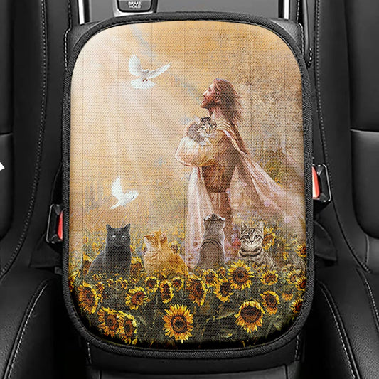 Jesus And Cat Sunflower Garden Seat Box Cover, Christian Car Center Console Cover, Gift For Cat Lover