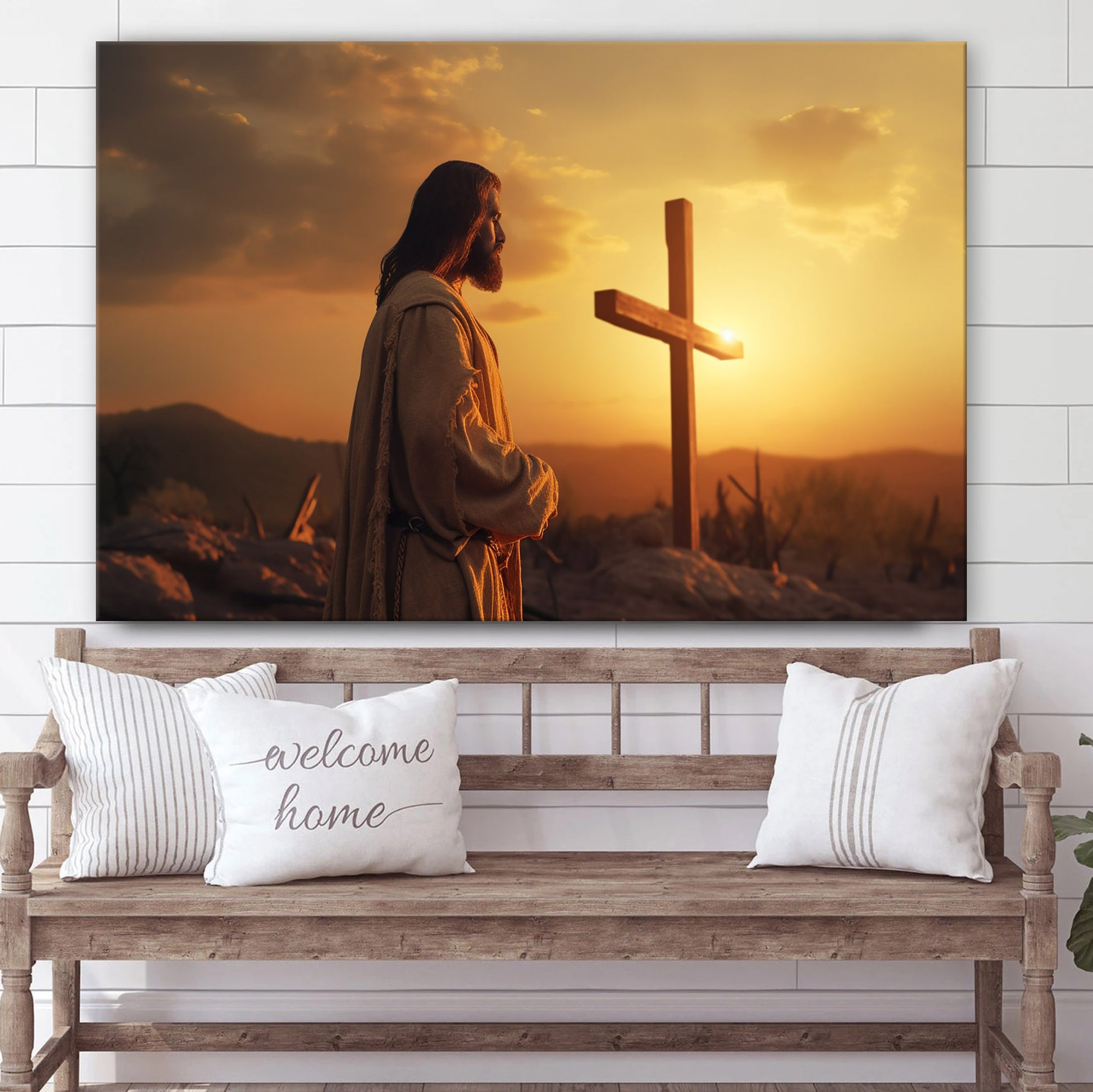 Jesus And Cross In Front Of A Sunset - Canvas Picture - Jesus Christ Canvas - Christian Wall Art