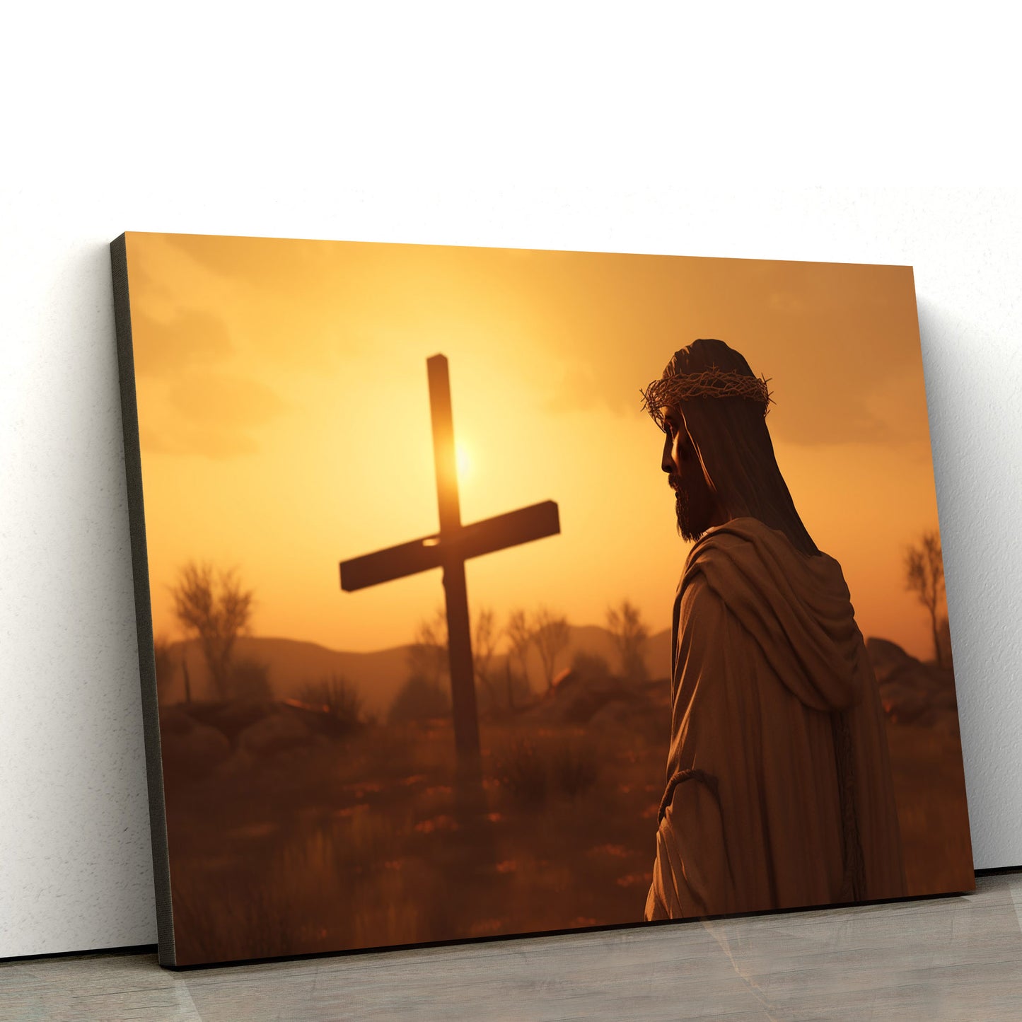 Jesus And Cross In Front Of A Sunset 1 - Canvas Picture - Jesus Christ Canvas - Christian Wall Art