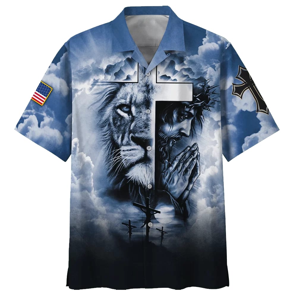 Jesus And Cross Lion Pray Hawaiian Shirt - Best Hawaiian Shirts - Christian Hawaiian Shirt