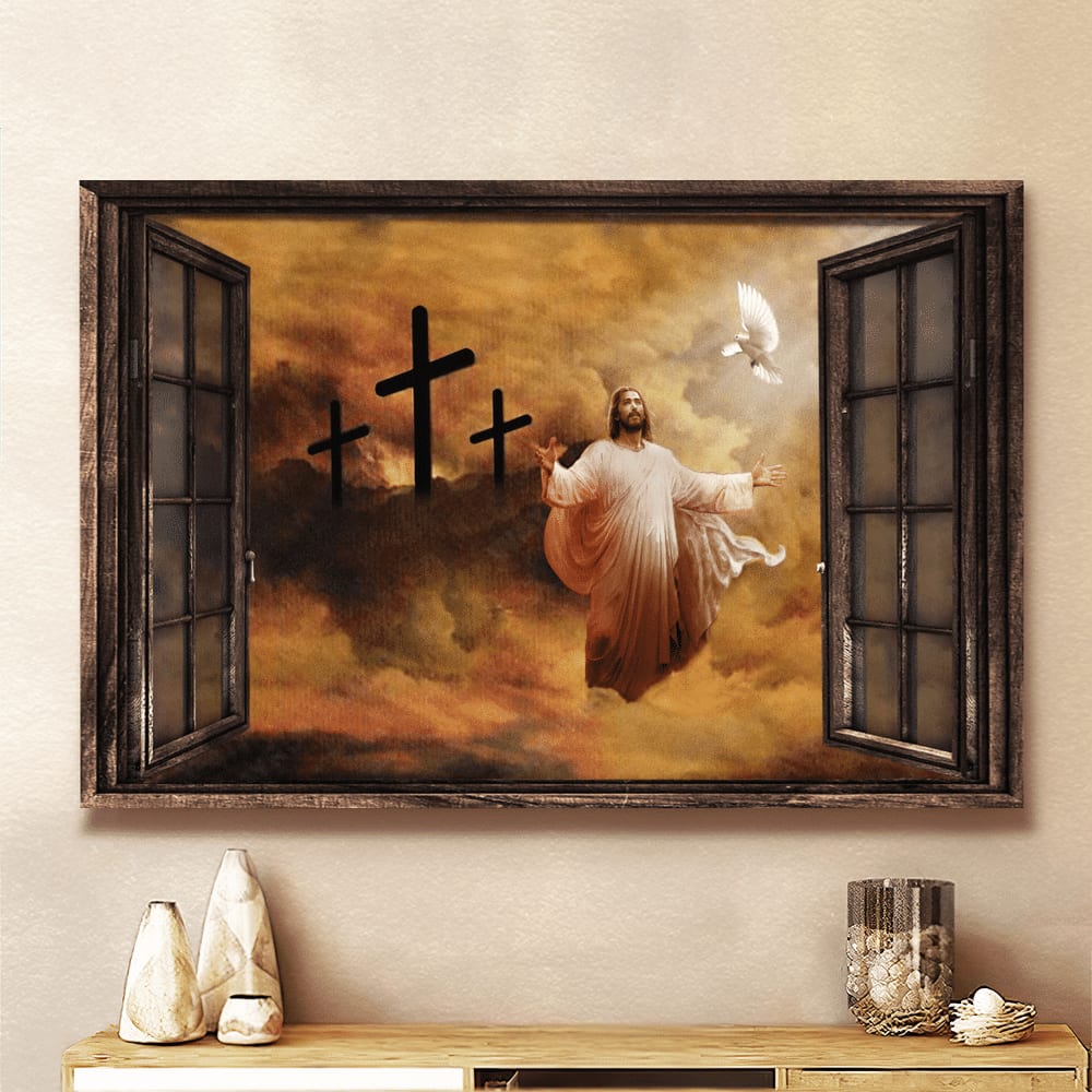 Jesus And Dove The Rugged Cross Heaven's Lights Canvas Wall Art - Jesus Canvas Pictures - Christian Wall Posters