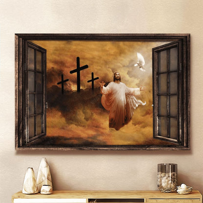 Jesus And Dove The Rugged Cross Heaven's Lights Canvas Wall Art - Jesus Canvas Pictures - Christian Wall Posters