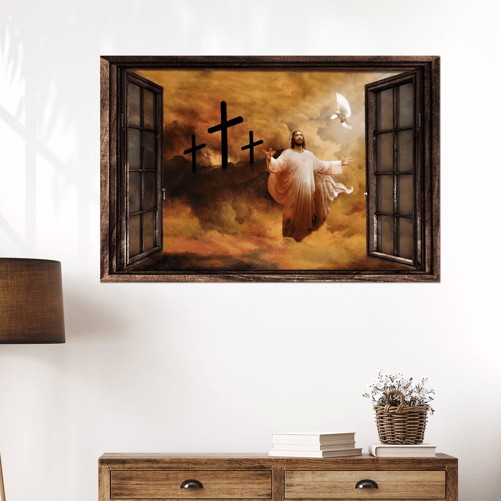 Jesus And Dove The Rugged Cross Heaven's Lights Canvas Wall Art - Jesus Canvas Pictures - Christian Wall Posters