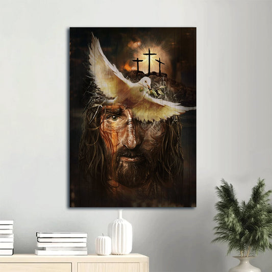 Jesus And Dove With Olive Branch Canvas Wall Art - Three Wooden Crosses- Beautiful Jesus Painting- Gift For Christian
