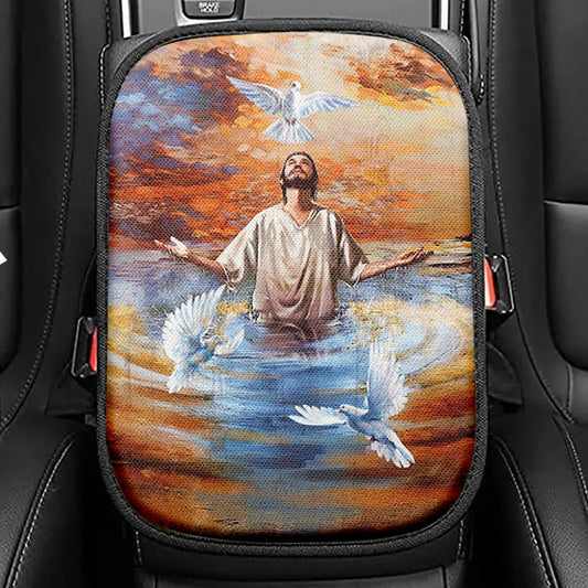 Jesus And Doves Baptism Seat Box Cover, Bible Verse Car Center Console Cover, Inspirational Car Interior Accessories