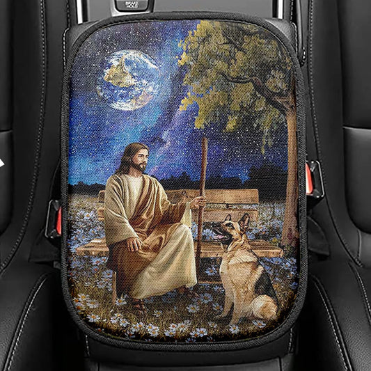 Jesus And German Shepherd Dog Daisy Field Seat Box Cover, Jesus Portrait Car Center Console Cover, Christian Car Interior Accessories