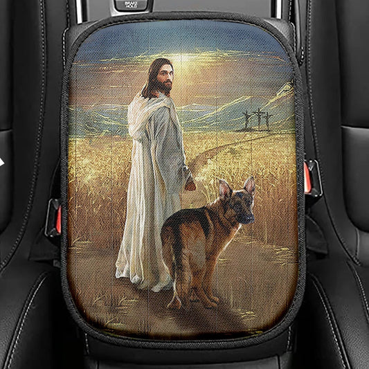 Jesus And German Shepherd Dog Walking Rice Field Seat Box Cover, Christian Car Center Console Cover, Gift For Dog Lover