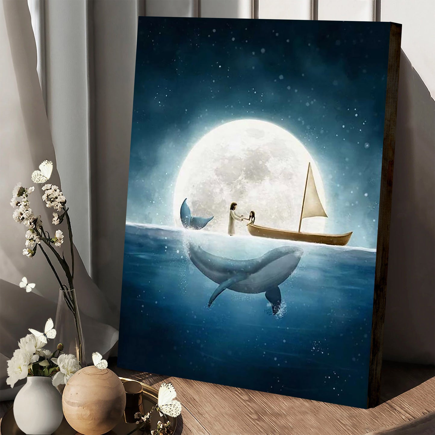 Jesus And Girl Boy Print Whale Painting Christian Nursery - Jesus Canvas Art - Christian Wall Art