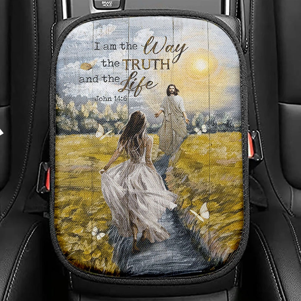 Jesus And Girl I Am The Way The Truth And The Life Seat Box Cover, Christian Car Center Console Cover, Bible Verse Car Interior Accessories