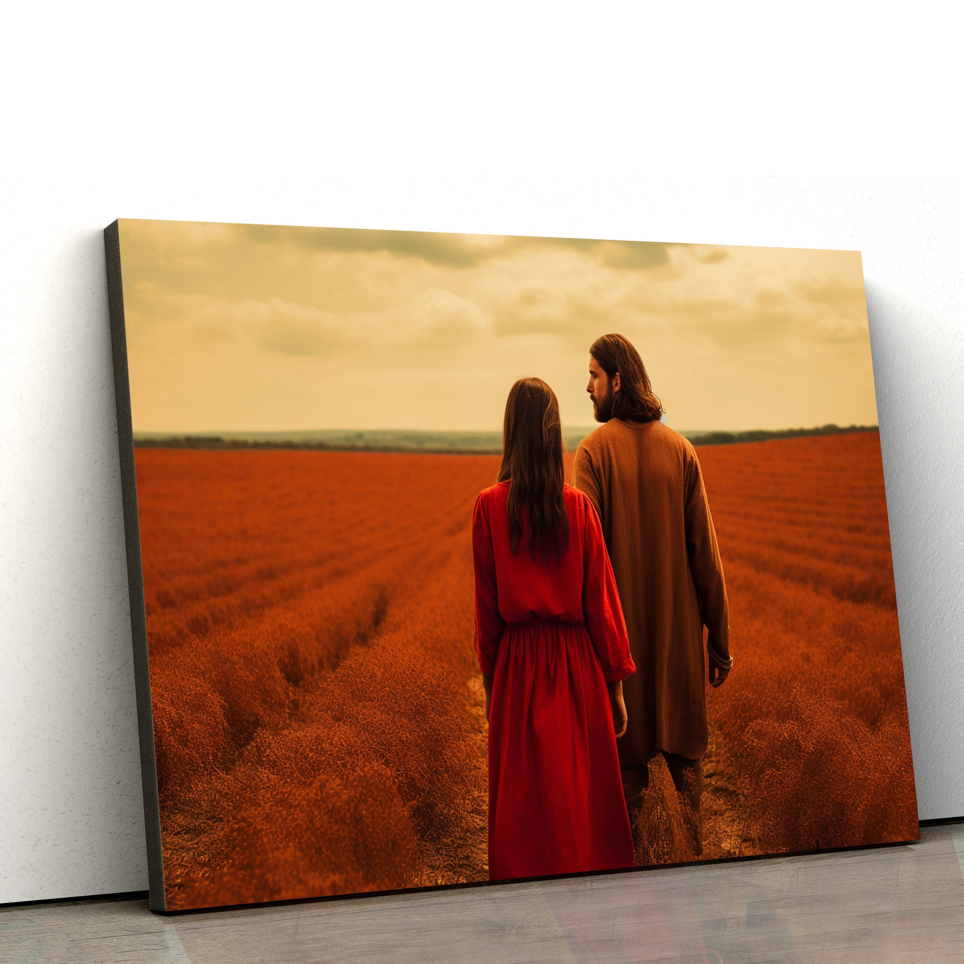 Jesus And His Wife On A Red Field - Canvas Picture - Jesus Christ Canvas - Christian Wall Art