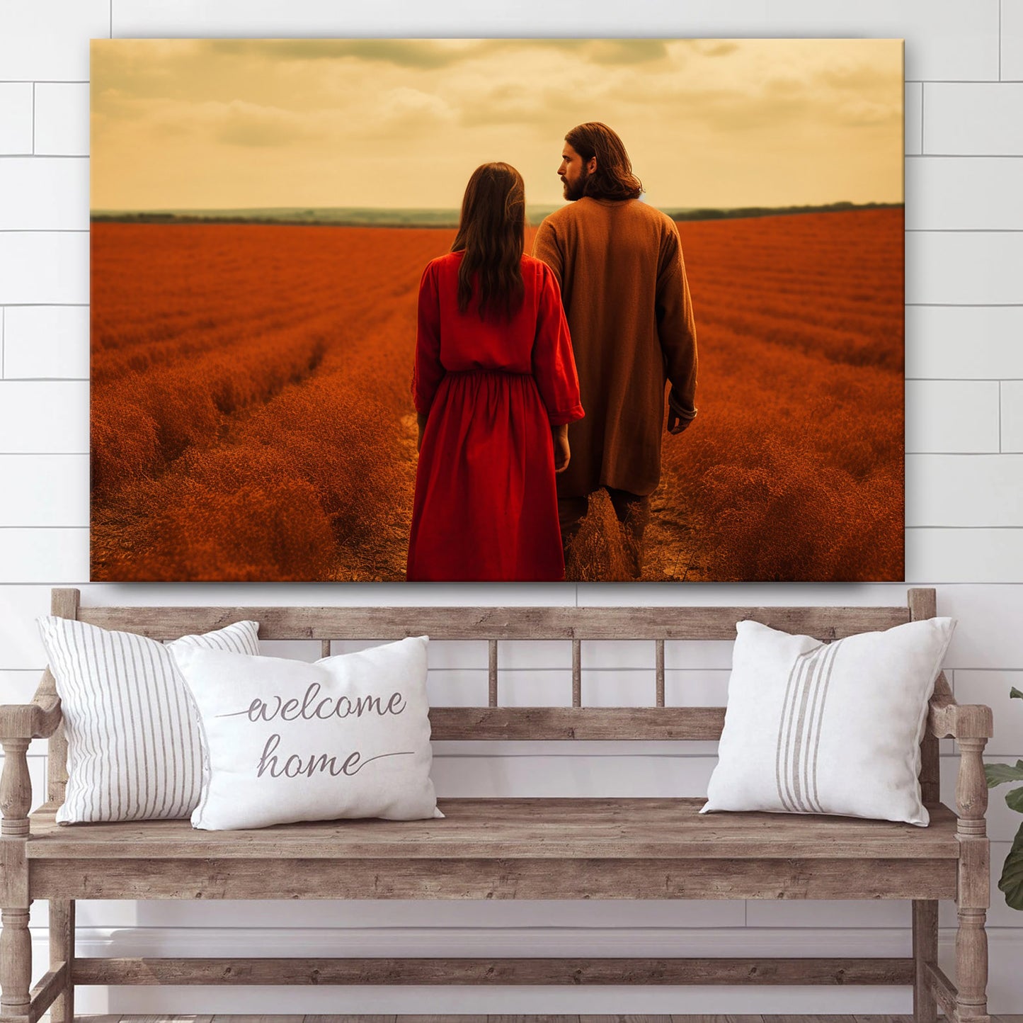 Jesus And His Wife On A Red Field - Canvas Picture - Jesus Christ Canvas - Christian Wall Art