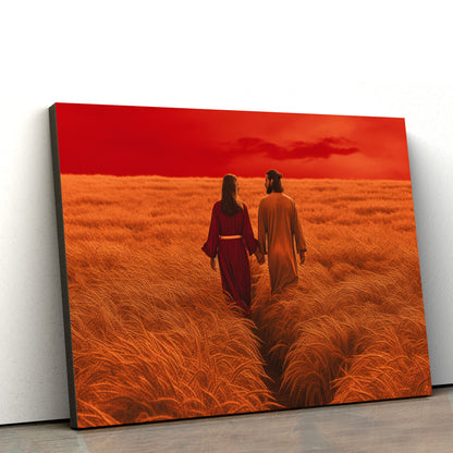 Jesus And His Wife On A Red Field 1 - Canvas Picture - Jesus Christ Canvas - Christian Wall Art