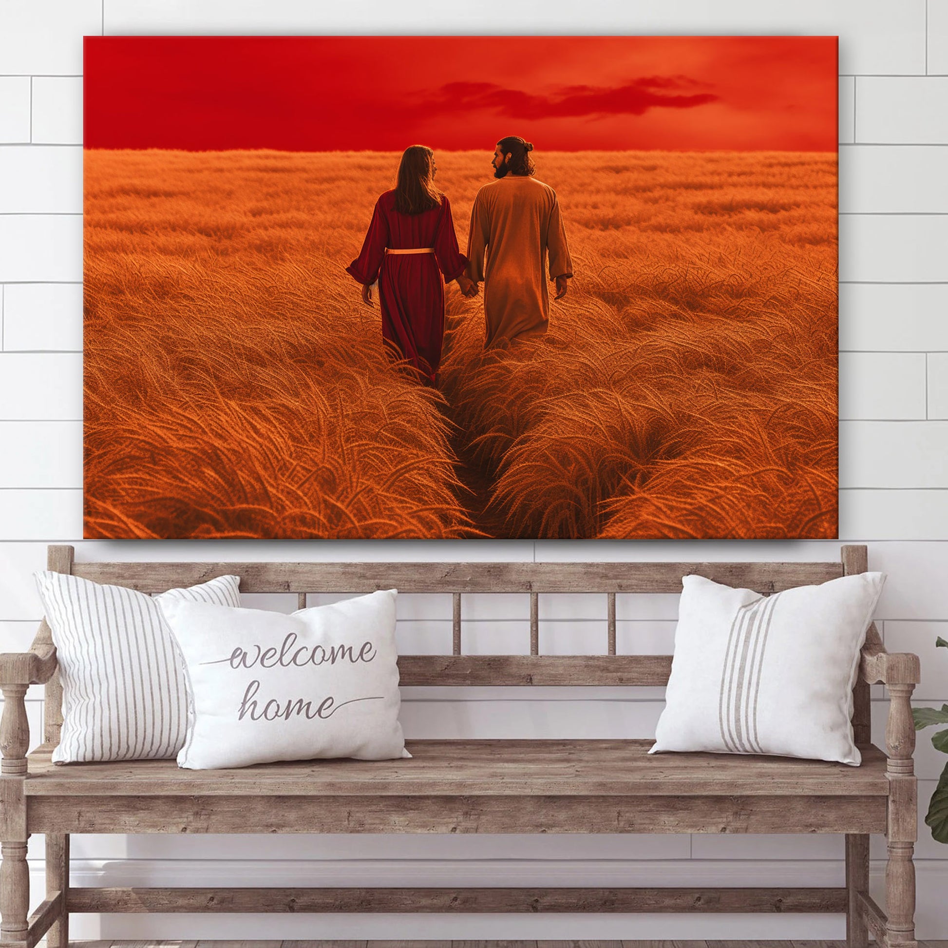 Jesus And His Wife On A Red Field 1 - Canvas Picture - Jesus Christ Canvas - Christian Wall Art