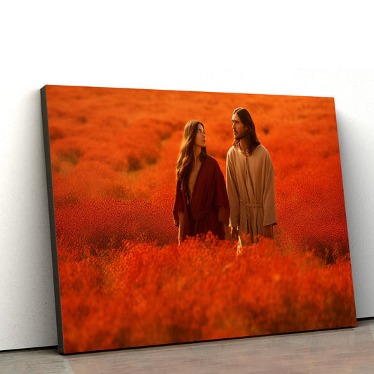 Jesus And His Wife On A Red Field 2 - Canvas Picture - Jesus Christ Canvas - Christian Wall Art