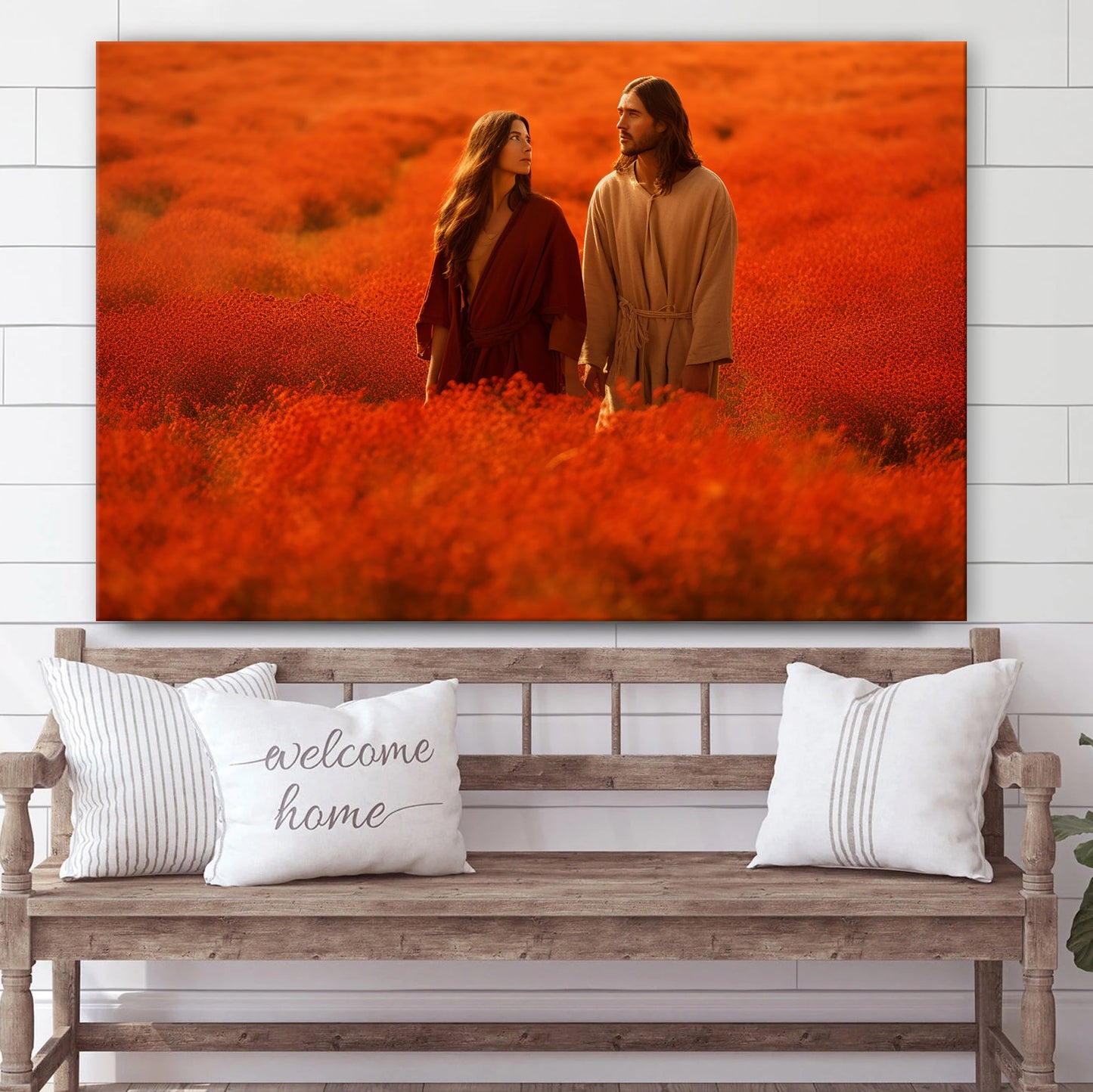 Jesus And His Wife On A Red Field 2 - Canvas Picture - Jesus Christ Canvas - Christian Wall Art
