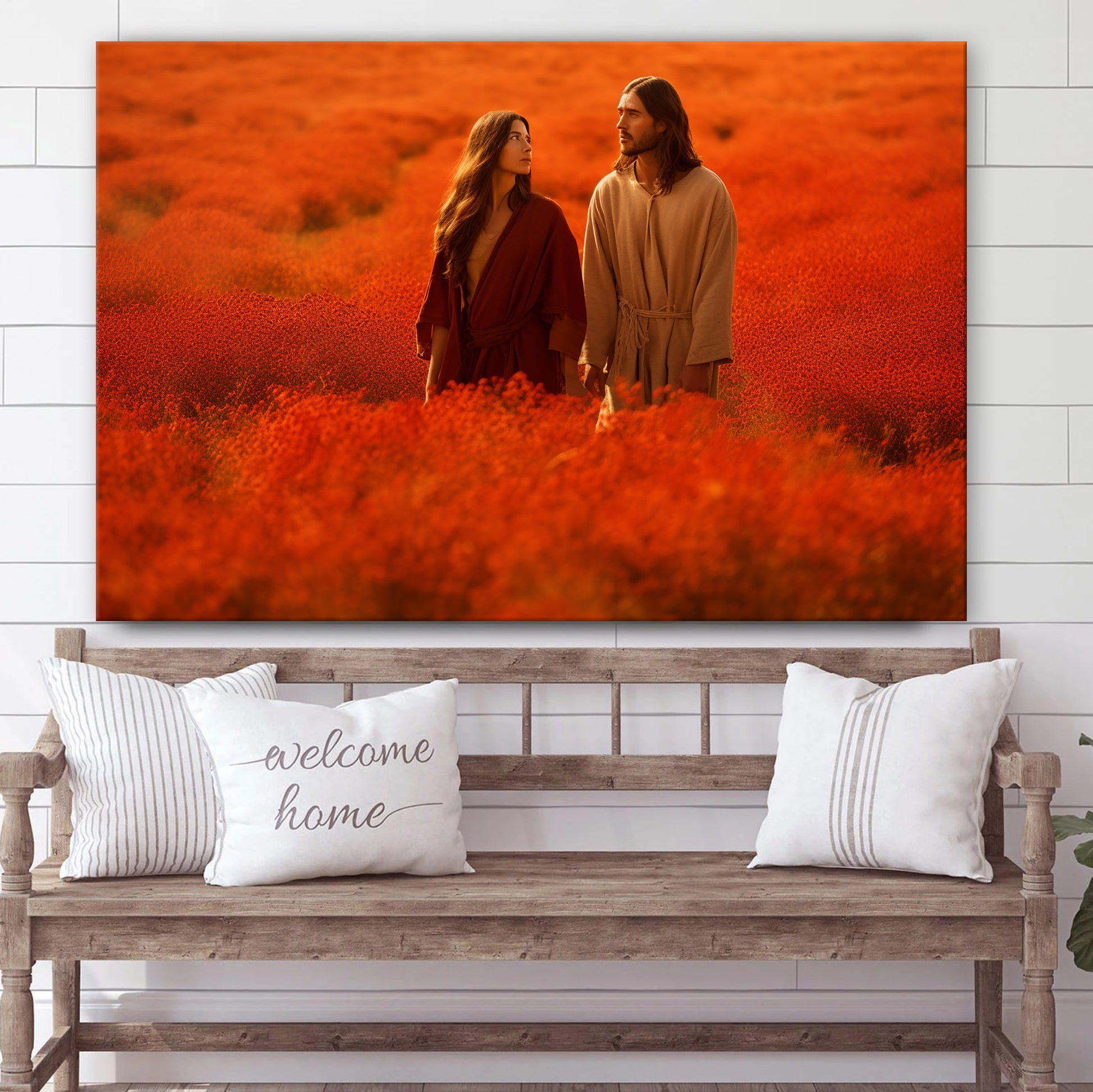 Jesus And His Wife On A Red Field 2 - Canvas Picture - Jesus Christ Canvas - Christian Wall Art