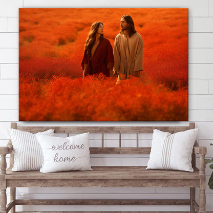 Jesus And His Wife On A Red Field 2 - Canvas Picture - Jesus Christ Canvas - Christian Wall Art